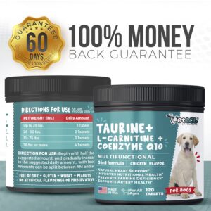 PET LOL Taurine Supplement for Dogs with L-Carnitine and Coenzyme Q10 (CoQ10): Vet Endorsed for Enlarged Heart (DCM), Congestive Heart Failure, Taurine Deficiency: 3-in-1 | Dog Supplements- 120ct