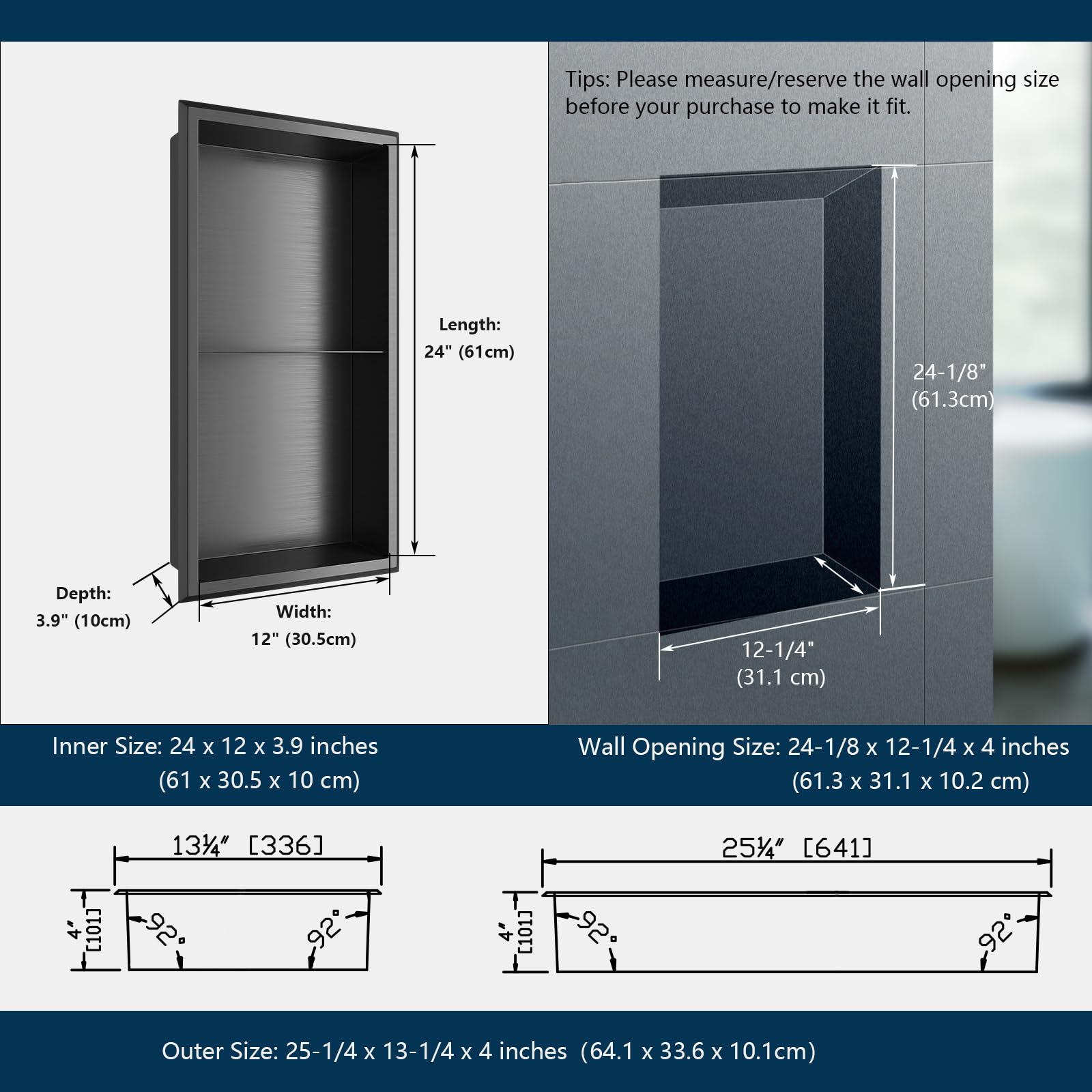 Agabok Shower Niche, 12" x 24" Black Stainless Steel Niche No Tile Needed, Two-Tier Wall Niche, Recessed Shower Shelf, Bathroom Niche for Storage