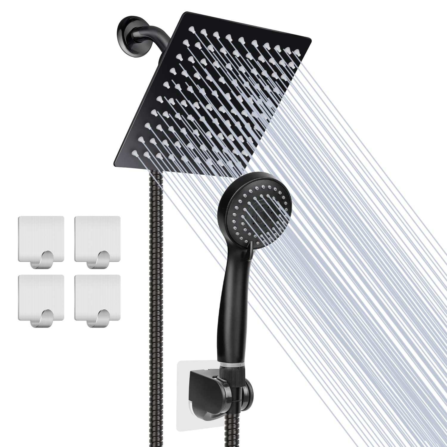 Taiker Shower Head, High Pressure 8'' Rainfall Stainless Steel Shower Head/Handheld Combo with 60'' Hose Anti-leak Shower Head with Holder, Flow Regulator, Chrome, 4 Shower Hooks Black