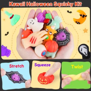 50PCS Halloween Mochi Squishy Toys with Halloween Pumpkin Bucket Halloween Party Favors Trick or Treat Goodie Bag Filler Halloween Decorations Kawaii Squishy Halloween Toys Gifts for Boy Girl Random