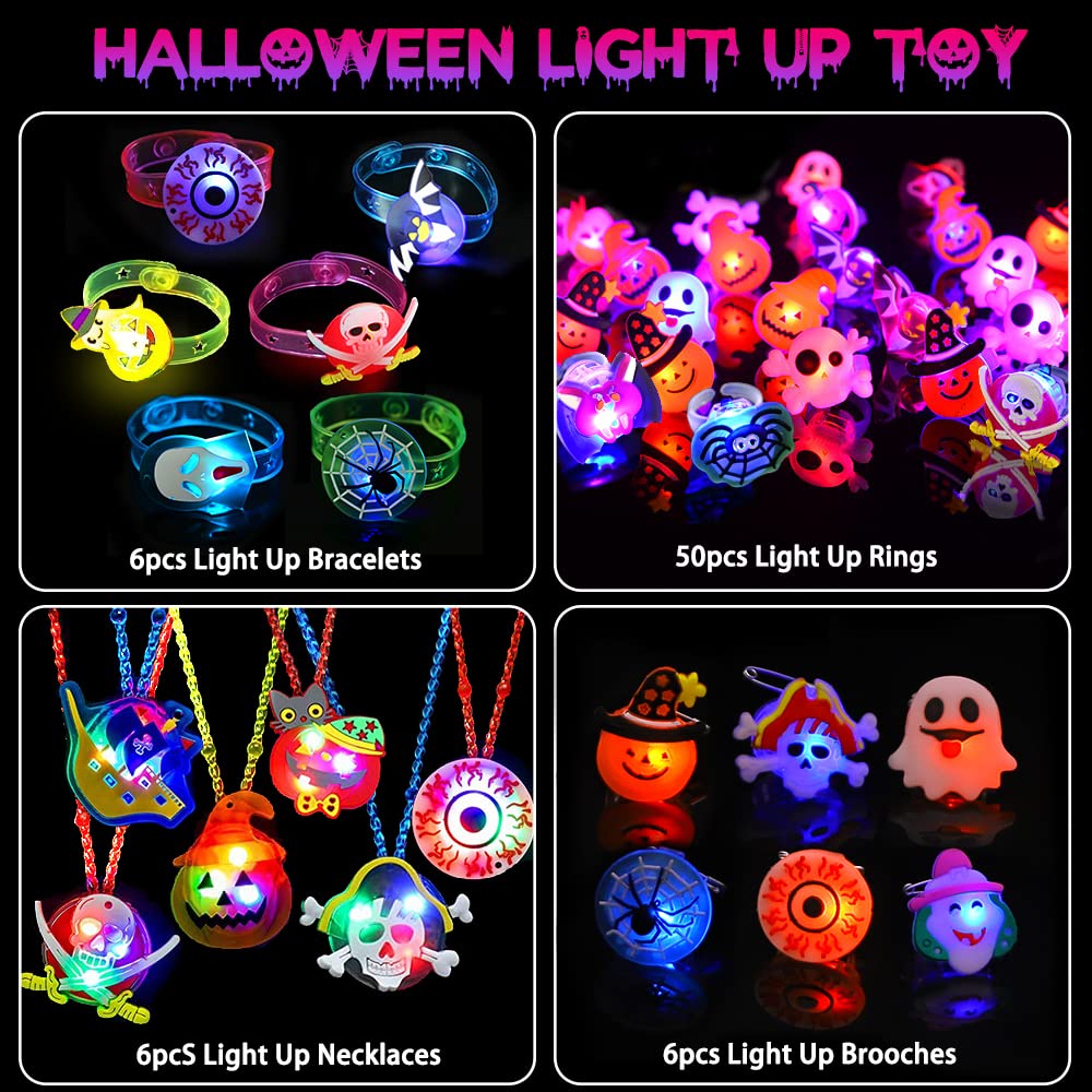 YUJUN 68PCS Halloween Light up Toys,Halloween Party Favors Flashing Ring Bracelets Necklace Glow in The Dark for Kids Halloween Treats Games Prizes Candy Goodie Bag Fillers