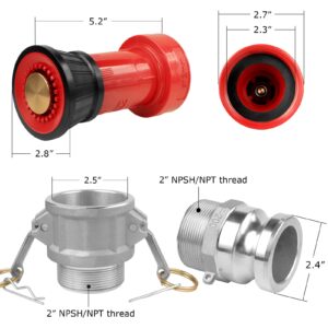 NOVINO Fire Hose Nozzle,2 inch NPSH Heavy-Duty Industrial Fire Hose Constant Flow Fog Nozzle with 2pcs 2" Aluminum Camlock Fitting Coupling Fire Equipment