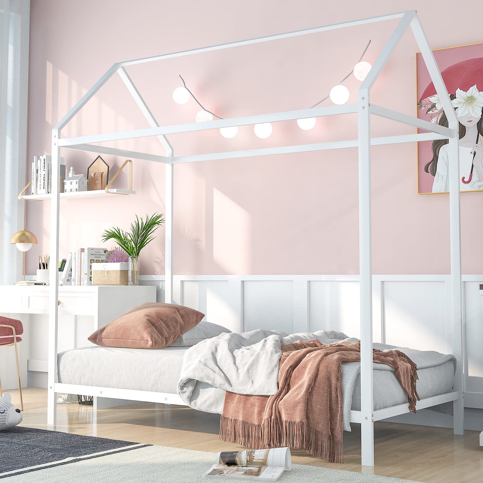 Twin House Bed for Kids, Montessori Bed Frame Metal Platform Bed Floor Bed for Boys Girls, No Box Spring Needed - White