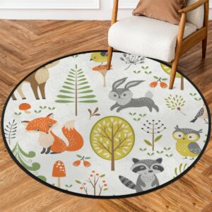 woodland animals round area rug, fox elk bear mushroom non-slip circle rug for bedroom living room outdoor study playing floor mat carpet, 3' diameter