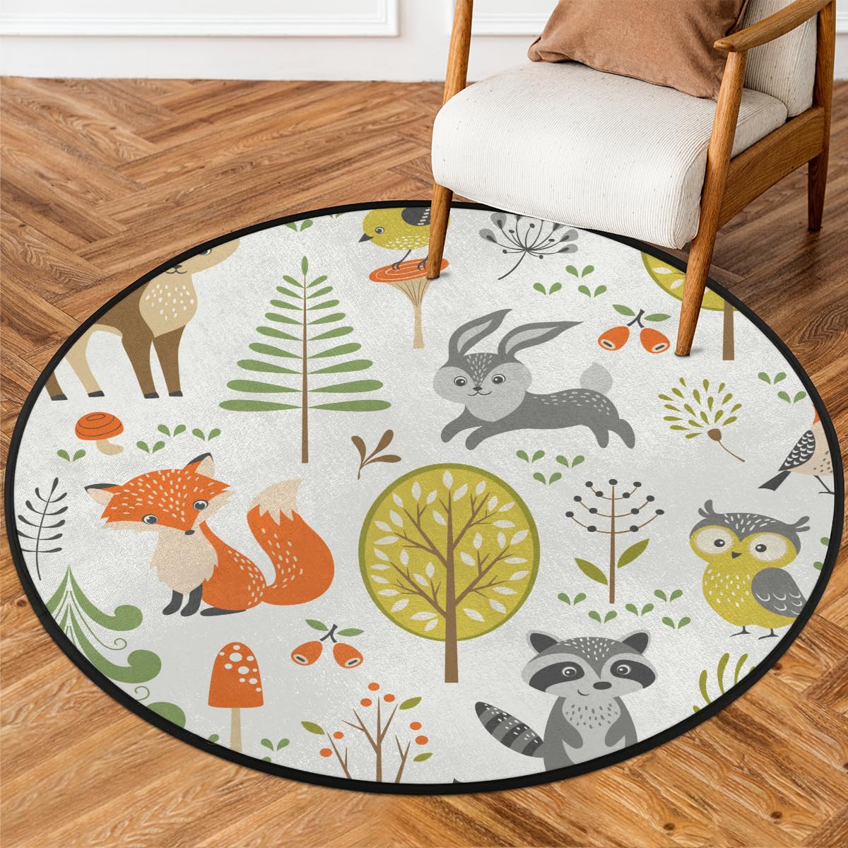 Woodland Animals Round Area Rug, Fox Elk Bear Mushroom Non-Slip Circle Rug for Bedroom Living Room Outdoor Study Playing Floor Mat Carpet, 3' Diameter