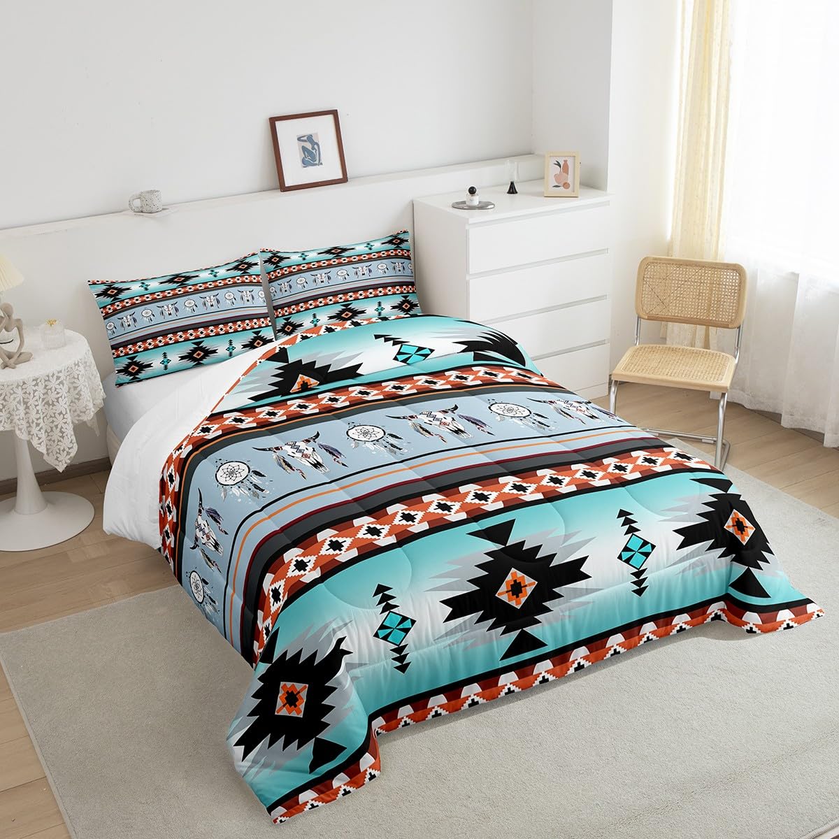 Erosebridal Western Bedding Sets Queen, Exotic Bull Skull Queen Comforter Set Southwestern Quilt,Dream Catchers Tribe Feather Duvet Insert Western Animals Boho Aztec Western Decor Blue Teal Orange