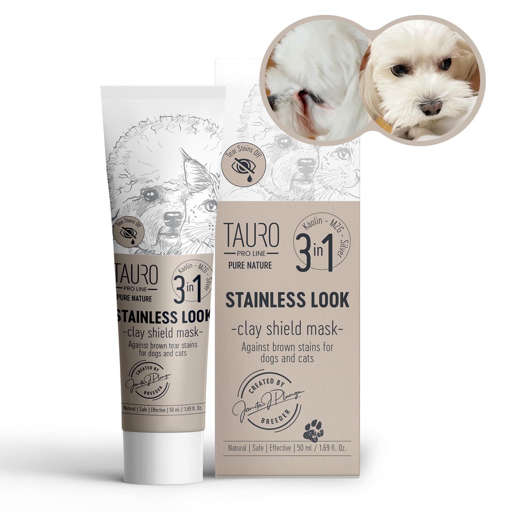 Tauro ProLine Pure Nature Stainless Look Clay Shield Mask Tear Stain Remover and Eye Cleaner, Grooming Product Ideal for All Dogs and Cats Eyes, Ears, Mouth Area Suitible for Home or Professional Use