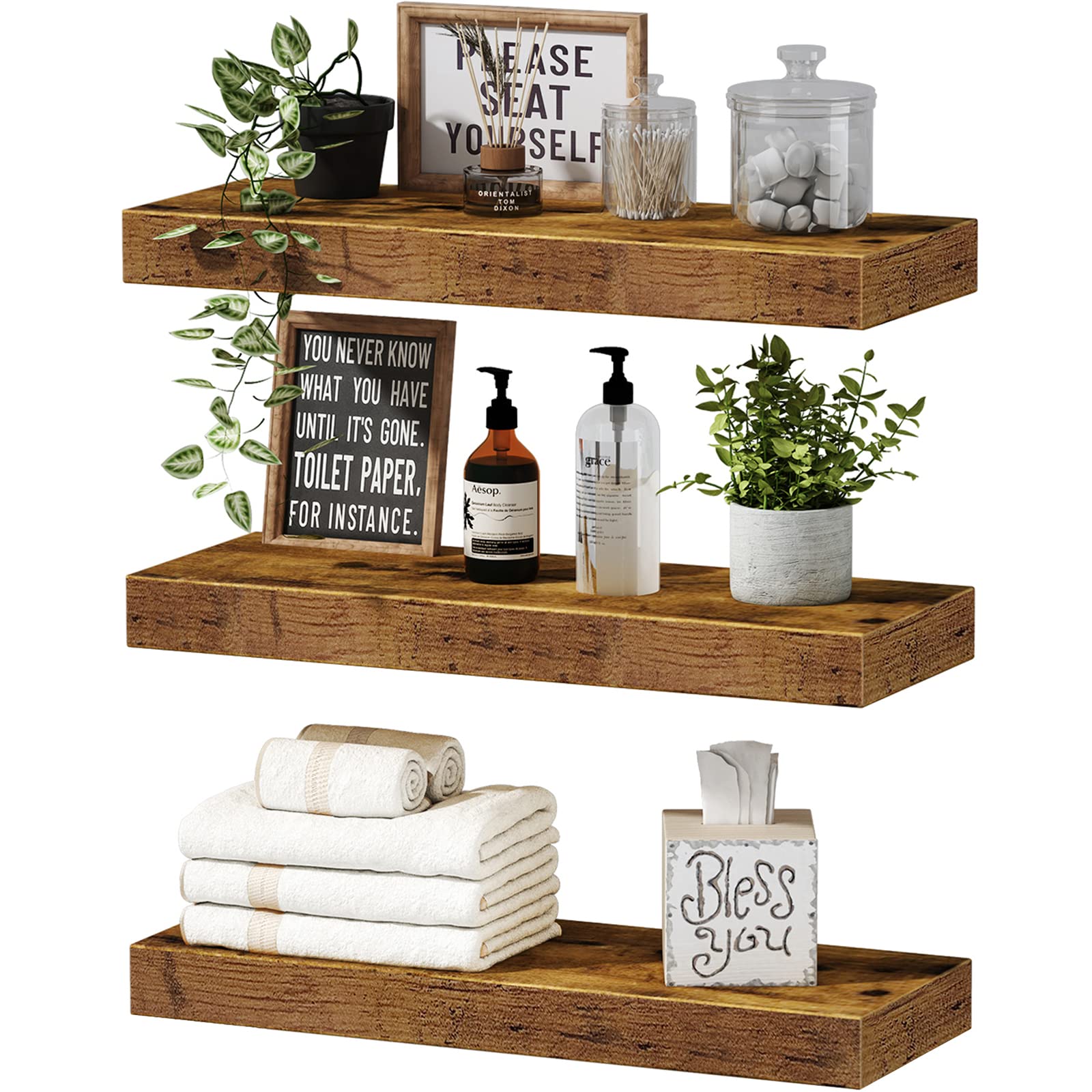 QEEIG Farmhouse Floating Shelves 16 inch Set of 2 & Floating Shelves Set of 3 Bundle (Contains 2 Items)