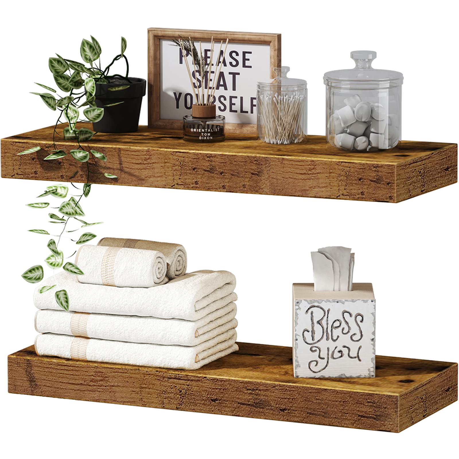 QEEIG Farmhouse Floating Shelves 16 inch Set of 2 & Floating Shelves Set of 3 Bundle (Contains 2 Items)