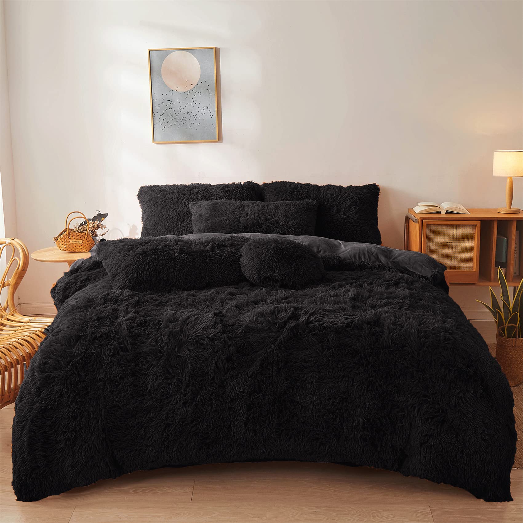 Ultra Soft Black Faux Fur 3 Piece Queen Comforter Set - Plush Fluffy Bedding With Duvet Cover and 2 Pillowcases