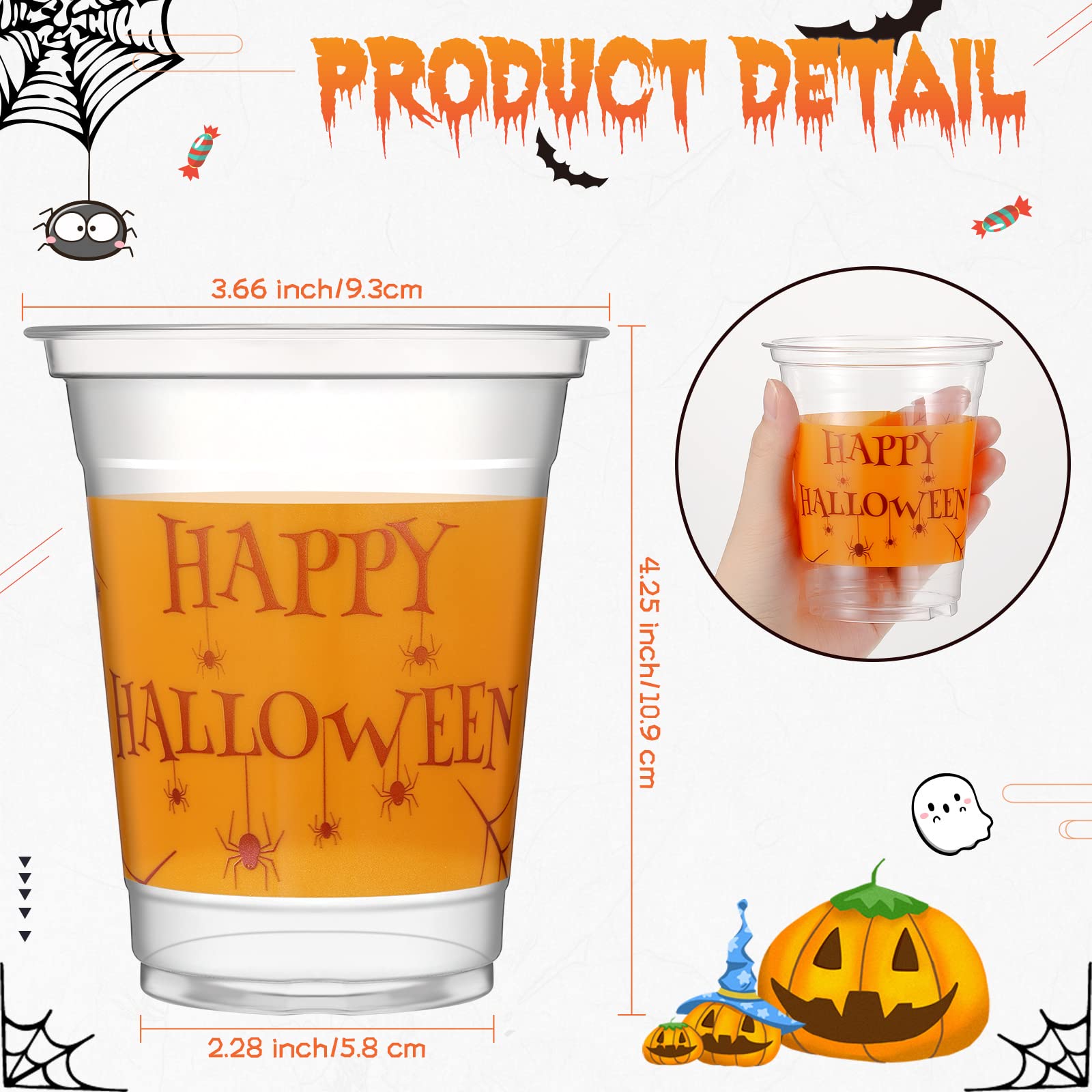 12 Oz Bulk Plastic Halloween Party Cups Clear Disposable Cups Printed Happy Halloween with Spider and Cobweb Disposable Plastic Party Cups Tableware for kids Adults Halloween Party Supplies(36 Pack)