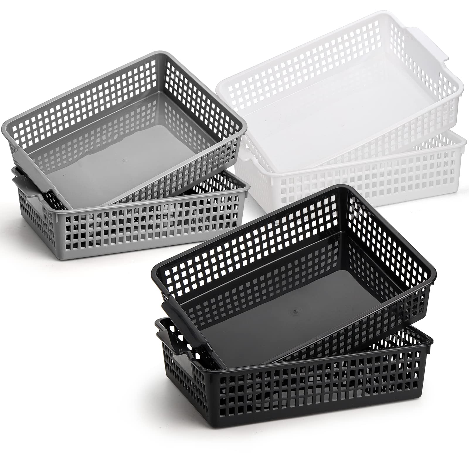 Foraineam Plastic Storage Baskets, Set of 6 Stackable Basket Bins in 3 Colors, 13.8 x 9.9 x 3.3 inch, Lightweight, Durable, Multi-functional Storage Baskets