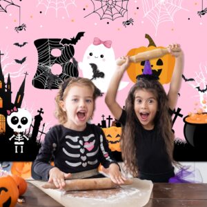 Mocsicka Halloween Boo Backdrop Cute Spooky Ghost Pumpkin Trick or Treat Background Pink Little Boo Girl Baby Shower or Birthday Party Cake Table Decoration Banner Photo Booth Props (7x5ft)