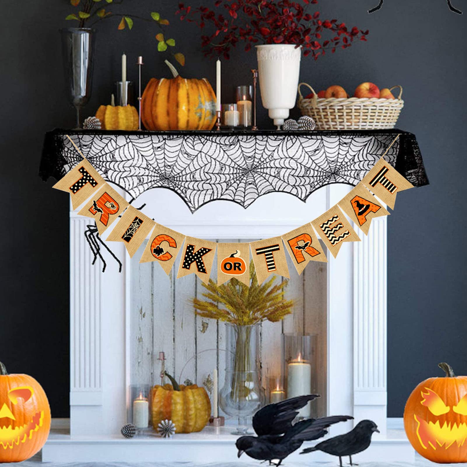 Halloween Banner Happy Trick or Treat Hanging Burlap Banner for Fireplace, Halloween Bunting Garland Banner for Mantle Home Halloween Party Decorations