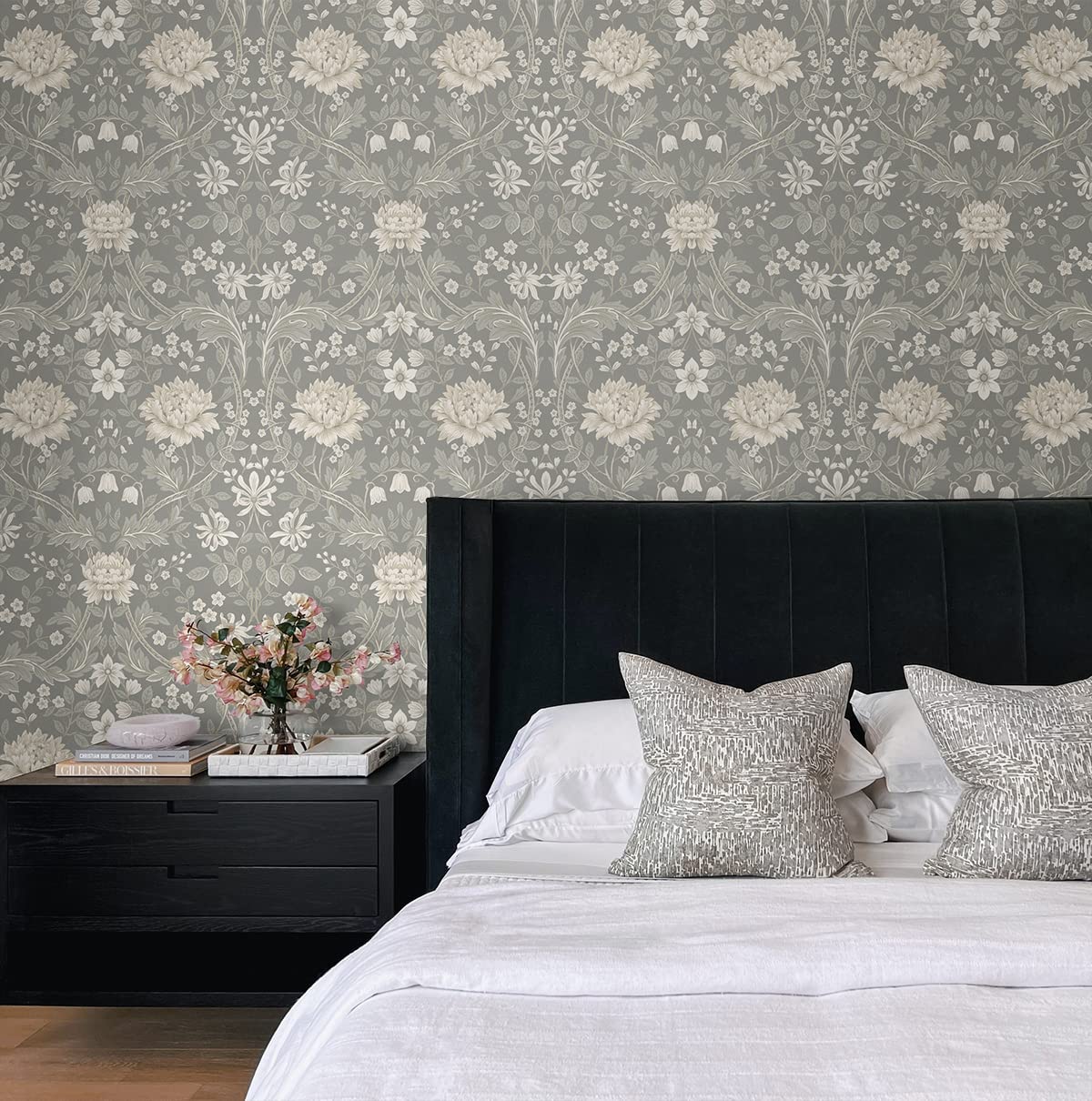 NextWall Honeysuckle Trail Floral Peel and Stick Wallpaper (Daydream Grey)