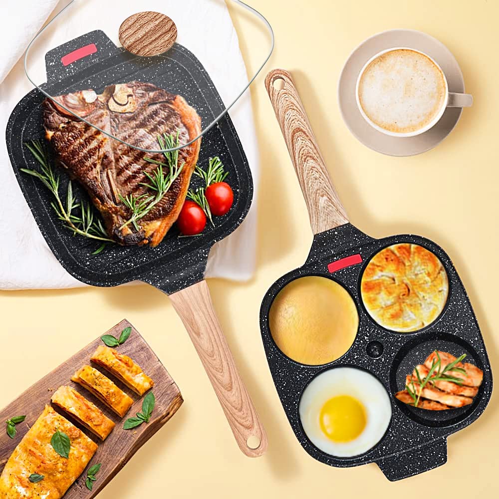 Bobikuke 2-Piece Set, Nonstick Aluminum Egg Pan and Grill Pan with Glass Lid, Induction Compatible, PFOA and PTFE Free