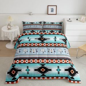 erosebridal western bedding sets queen, exotic bull skull queen comforter set southwestern quilt,dream catchers tribe feather duvet insert western animals boho aztec western decor blue teal orange