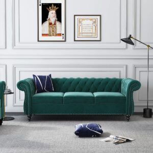 PHOYAL Large Sofa, Velvet Sofa Three-seat Sofa Classic Tufted Chesterfield Settee Sofa Modern 3 Seater Couch Furniture Tufted Back for Living Room (Green)