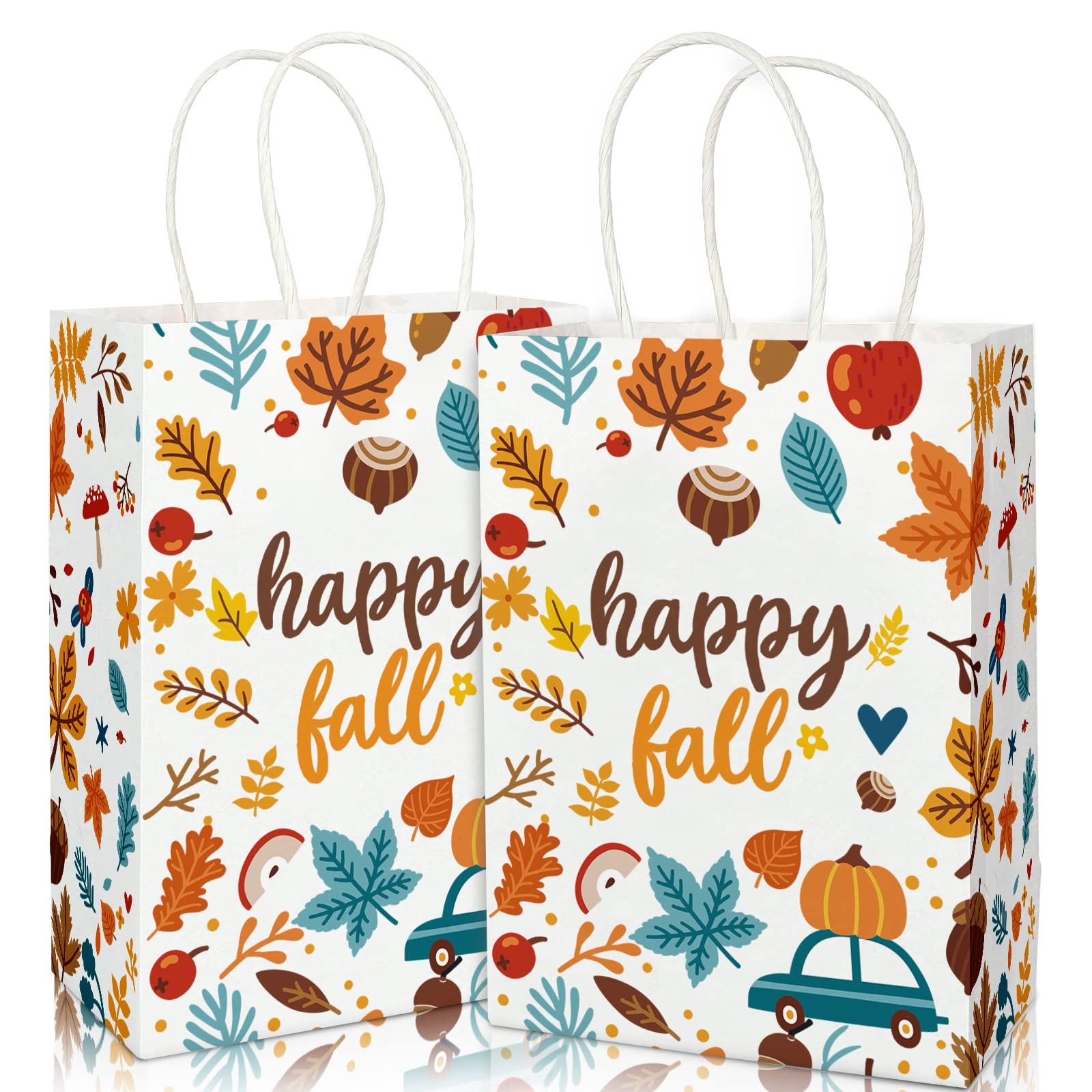 AnyDesign 16Pcs Happy Fall Gift Bags Maple Leaves Pumpkin Paper Bags with Handle for Thanksgiving Day Fall Themed Wedding Birthday Bridal Shower Party Favors, 5.9 x 8.3 x 3.2 Inch