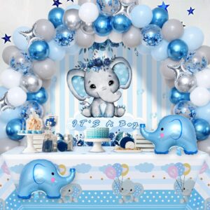 winrayk elephant baby shower decorations boy, blue elephant balloon garland arch kit it's a boy backdrop tablecloth foil balloon, elephant theme birthday party supplies baby boy shower decorations