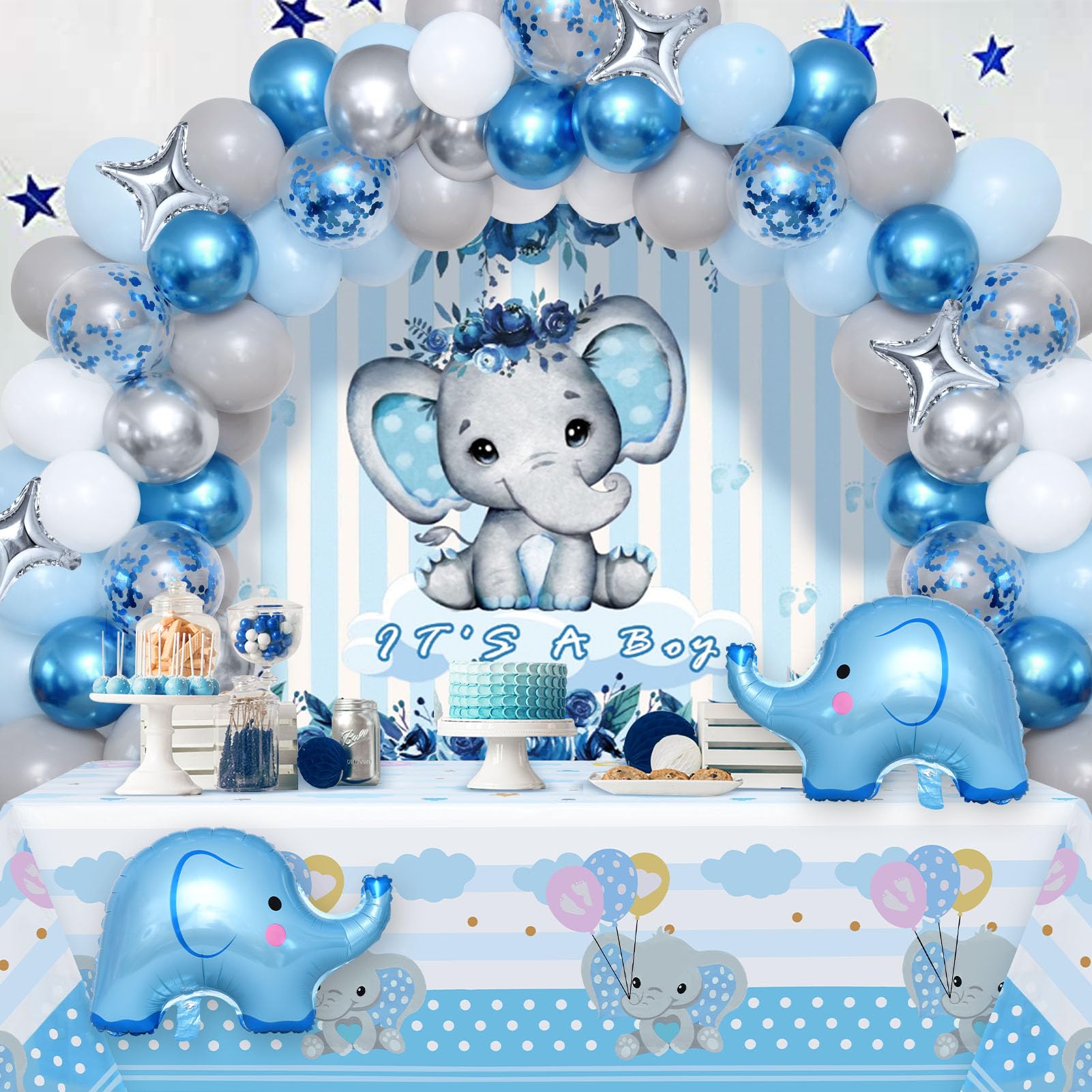 Winrayk Elephant Baby Shower Decorations Boy, Blue Elephant Balloon Garland Arch Kit It's a Boy Backdrop Tablecloth Foil Balloon, Elephant Theme Birthday Party Supplies Baby Boy Shower Decorations