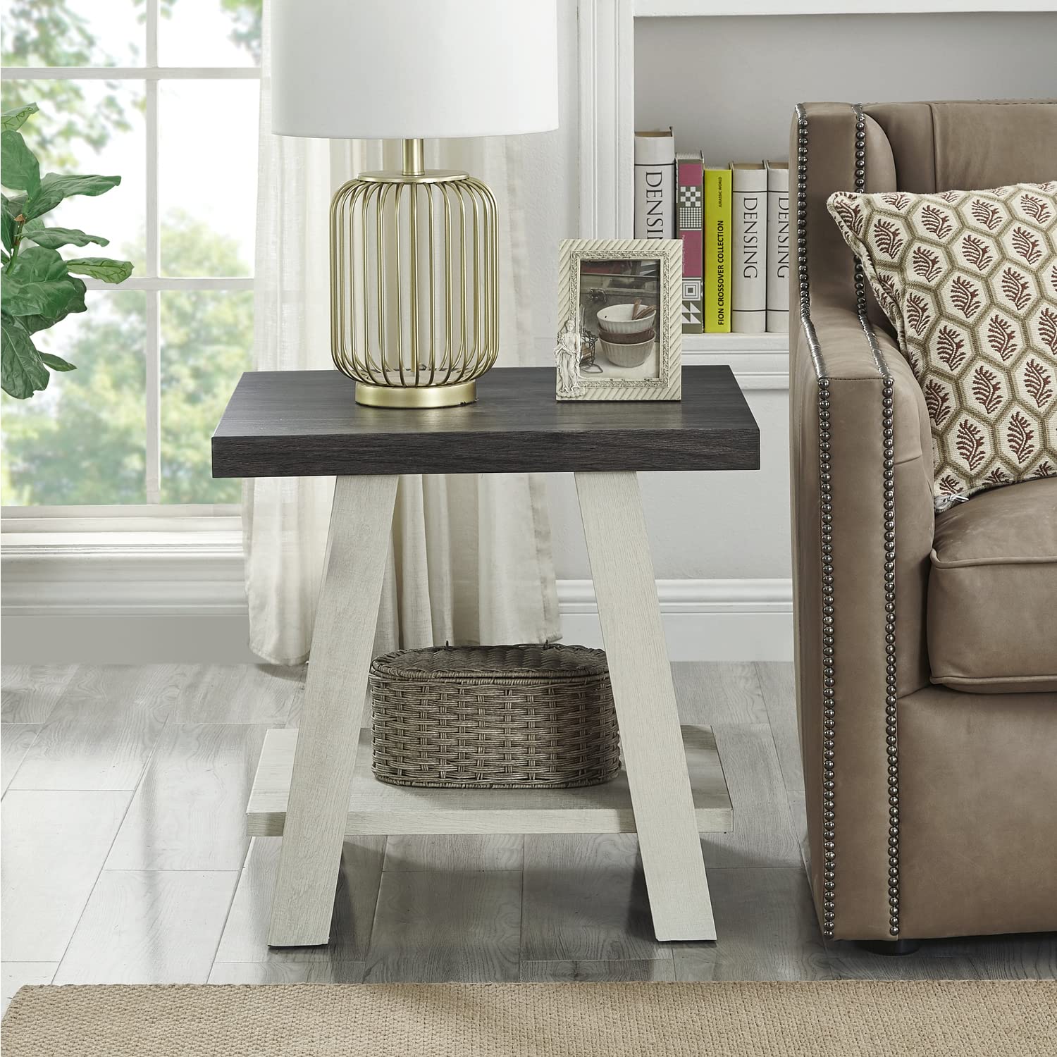 Roundhill Furniture Athens Contemporary Wood Shelf End Table, Weathered Charcoal and Beige