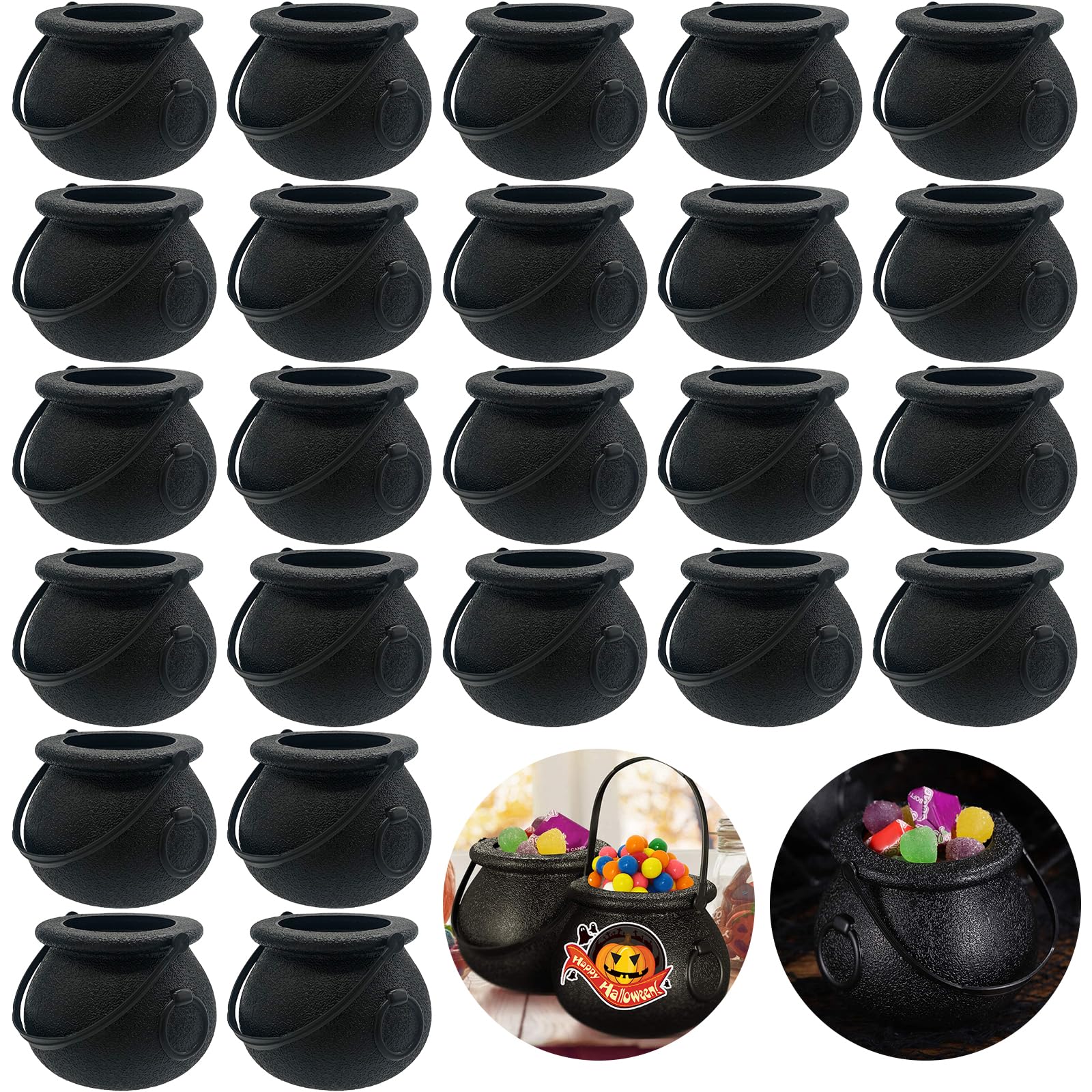 Lshfwn 24 Pack Plastic Cauldron,Black Mini Witch Cauldron with Handle,Halloween Candy Cauldron Kettles,Plastic Candy Holder for Party Decoration Supplies St Patrick's Day