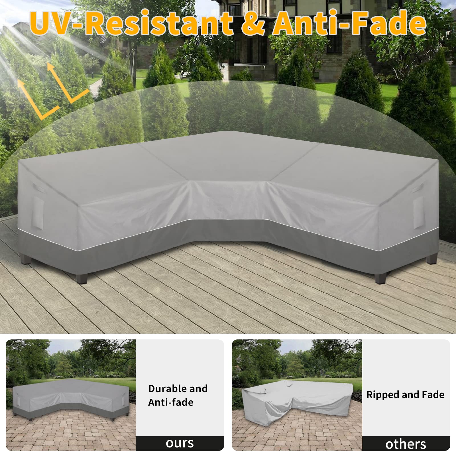 Easy-Going Outdoor V-Shaped Sectional Sofa Cover 100"X100" UV Resistant Patio Sectional Couch Cover Waterproof Lawn Patio Furniture Cover, Gray/Dark Gray