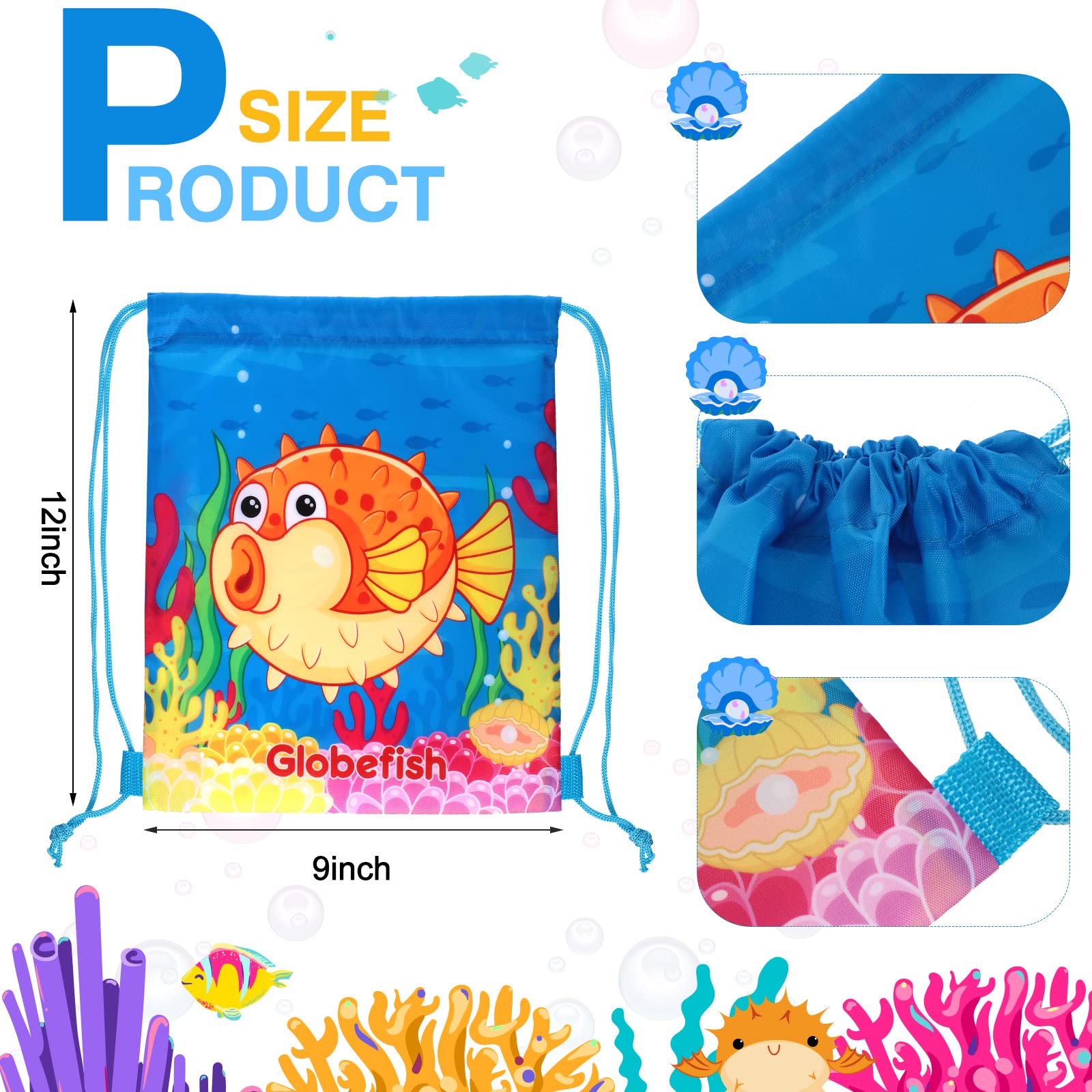 12 Packs Ocean Party Supplies Favor Drawstring Bags Colorful Ocean Fish Backpack Bag Cartoon Sea Animal Birthday Goodie Bags String Pouch for Kids Ocean Themed Birthday Party Baby Shower Supplies