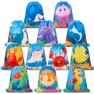 12 packs ocean party supplies favor drawstring bags colorful ocean fish backpack bag cartoon sea animal birthday goodie bags string pouch for kids ocean themed birthday party baby shower supplies