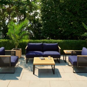 NewAge Products Outdoor Furniture Monterey 3 Piece Chat Set with Coffee Table, Patio Conversation Sets, Aluminum + Teak, Cast Silver, 91210