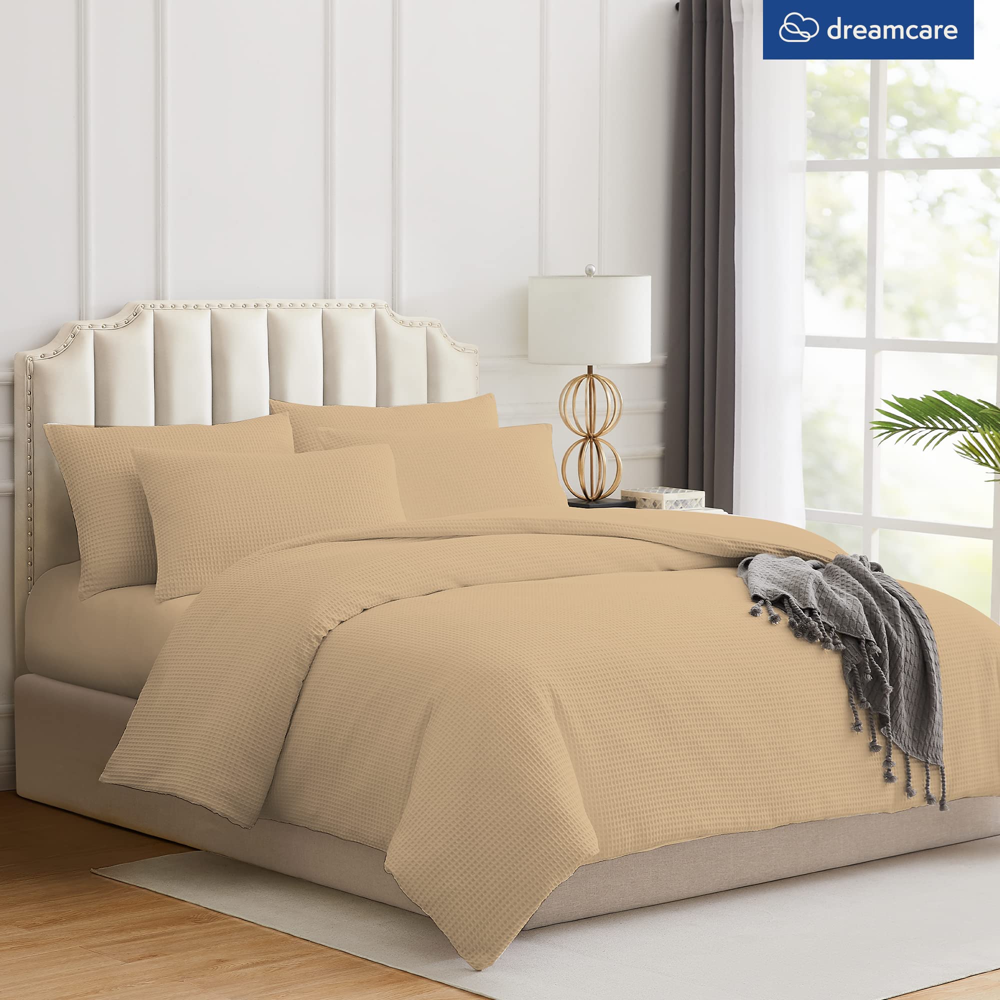 Waffle Duvet Cover Queen - Waffle Weave Duvet Cover, Queen Duvet Cover Set - Duvet Cover Queen Size - Cotton Duvet Cover 5-Piece Set, 1 Queen Duvet Cover + 4 Pillowcases For All Seasons - Khaki