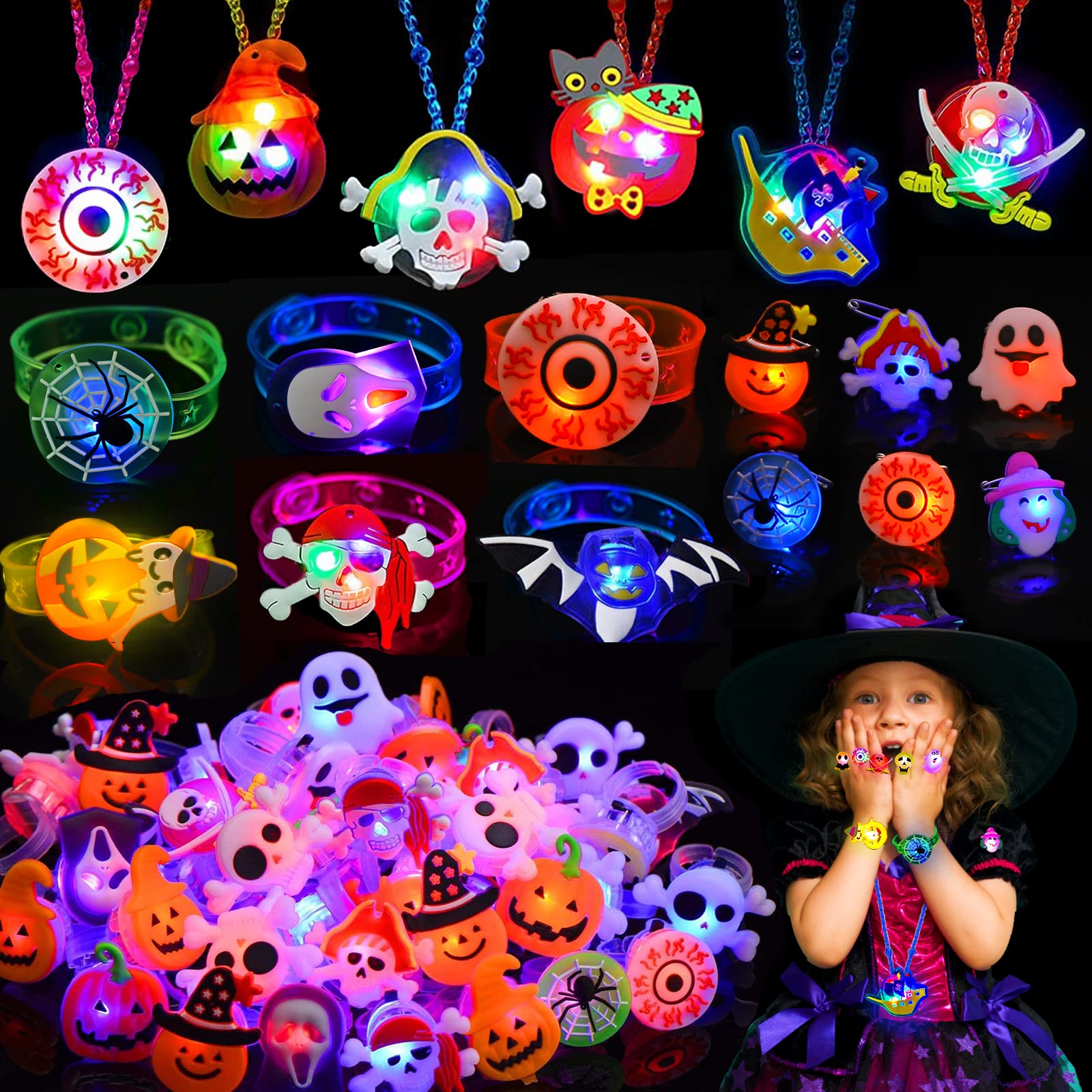 YUJUN 68PCS Halloween Light up Toys,Halloween Party Favors Flashing Ring Bracelets Necklace Glow in The Dark for Kids Halloween Treats Games Prizes Candy Goodie Bag Fillers