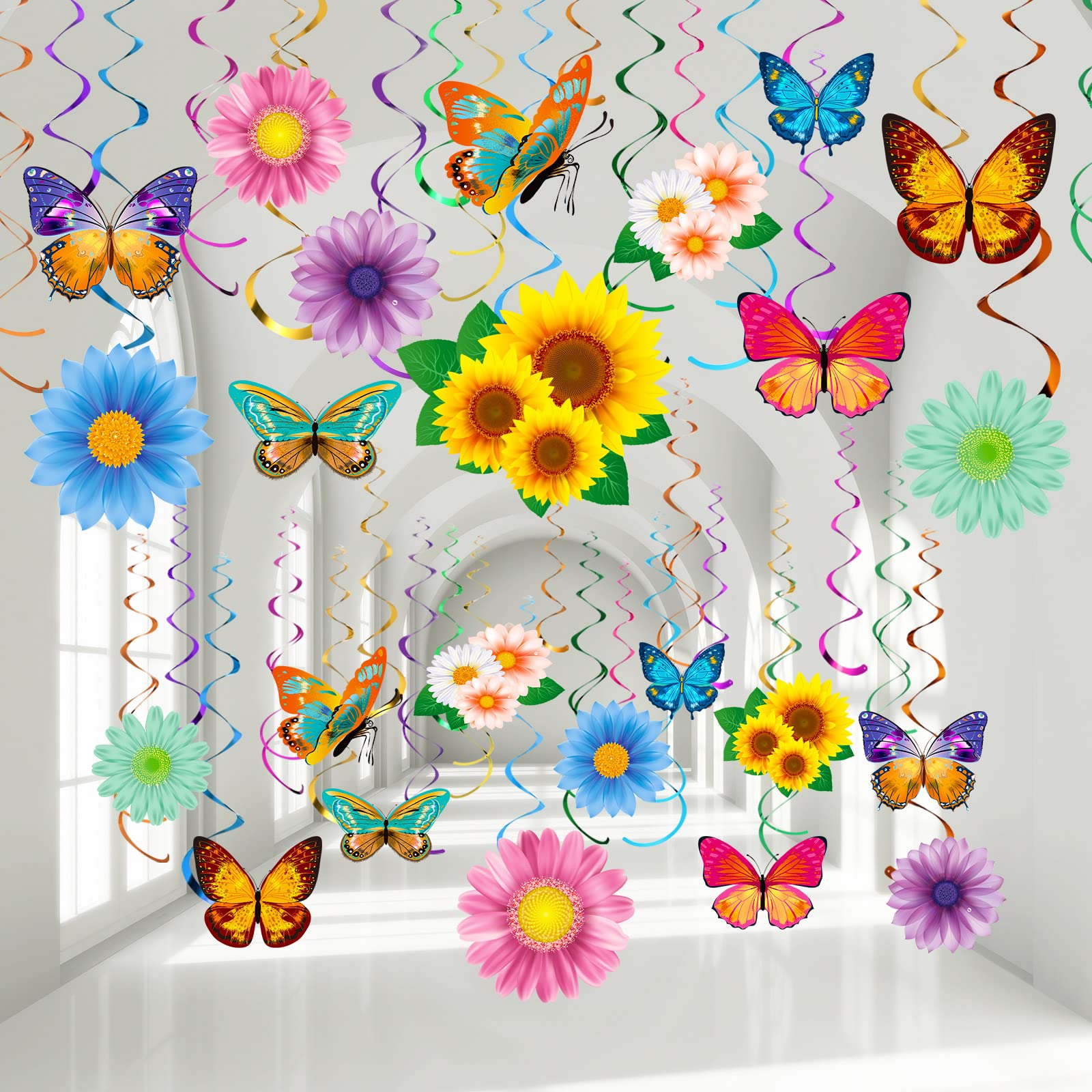 30 Pcs Flowers Butterfly Hanging Swirl Decorations, Spring Summer Sunflower Baby Shower Decor for Women Birthday Easter Party Baby Shower Mother's Day Wedding Supplies(Flower and Butterfly)