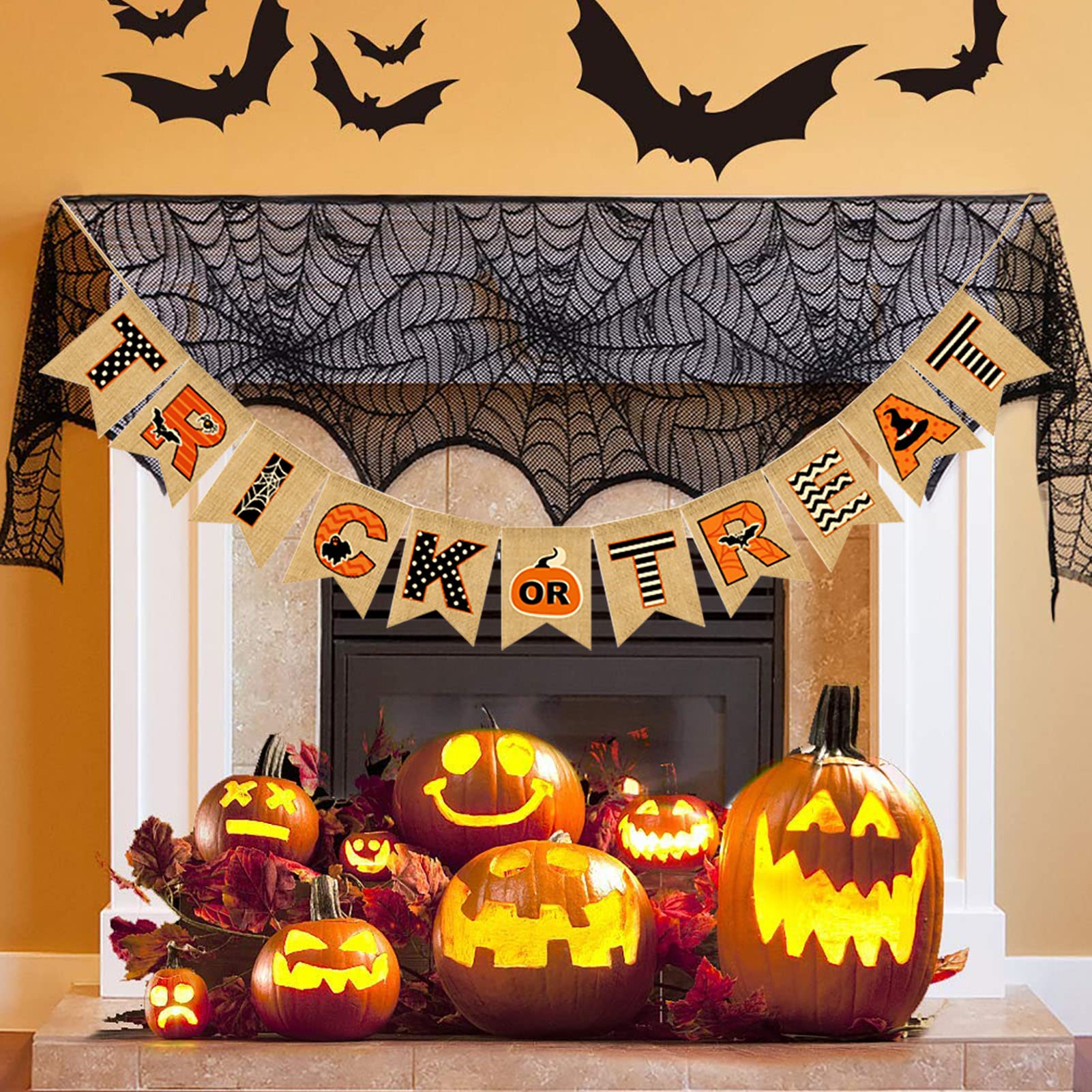 Halloween Banner Happy Trick or Treat Hanging Burlap Banner for Fireplace, Halloween Bunting Garland Banner for Mantle Home Halloween Party Decorations