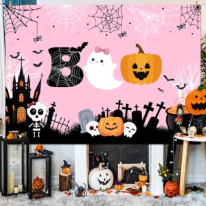 Mocsicka Halloween Boo Backdrop Cute Spooky Ghost Pumpkin Trick or Treat Background Pink Little Boo Girl Baby Shower or Birthday Party Cake Table Decoration Banner Photo Booth Props (7x5ft)