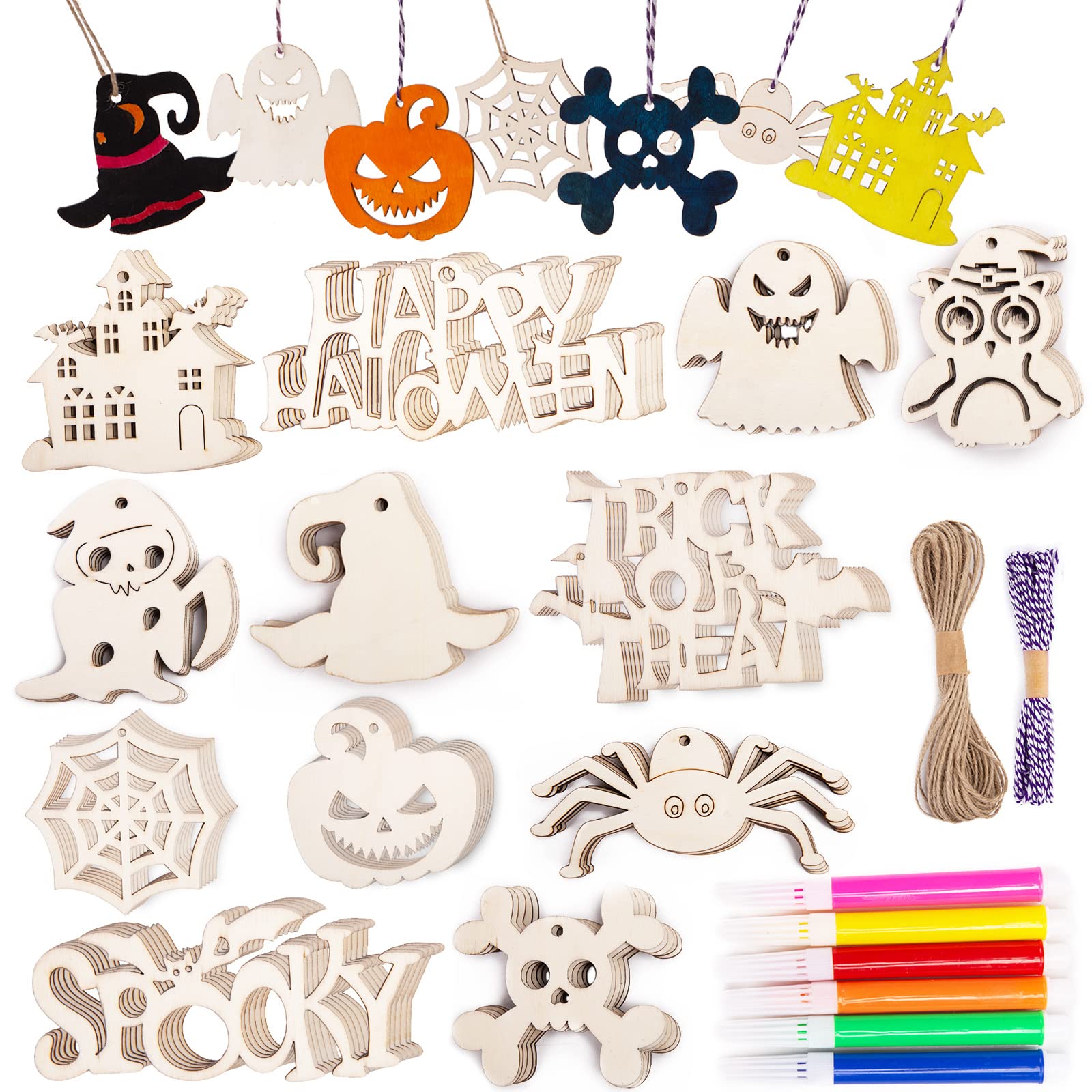 Shindel Halloween Wood Ornaments, 72PCS Unfinished Wood Cutouts Blank Wood Ornaments for Halloween Hanging Decorations Gifts