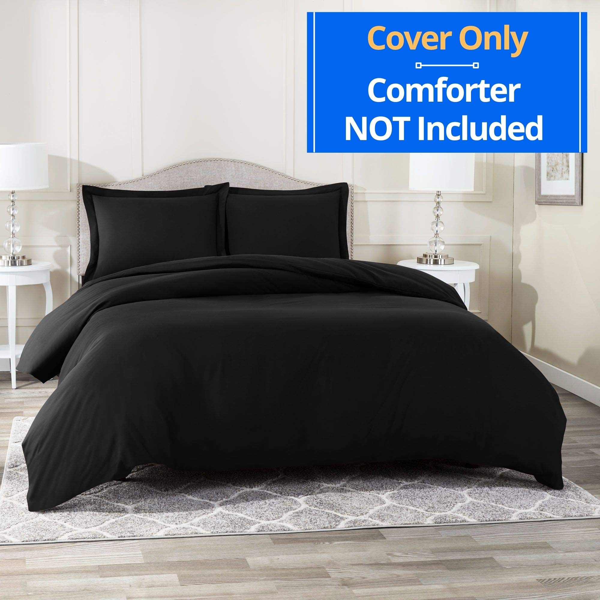 YASH BEDDING 600 Thread Count Black King Size Duvet Cover Set, 3 Piece Double Brushed Cotton Duvet Cover with Button Closure, 1 King Duvet Cover (92 x 106) inches and 2 Pillow Shams