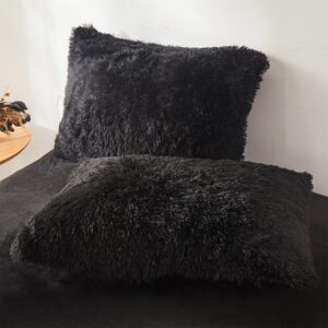 Ultra Soft Black Faux Fur 3 Piece Queen Comforter Set - Plush Fluffy Bedding With Duvet Cover and 2 Pillowcases