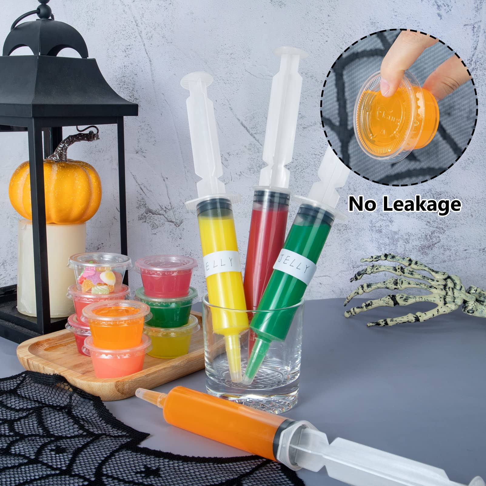 50 Pack Syringes Set Include 25 2 oz Syringes, 25 Cups with Lids for Vampire Zombie Halloween Party, Nurse Graduation Props(60 Lables, 2 Cleaning Brush)