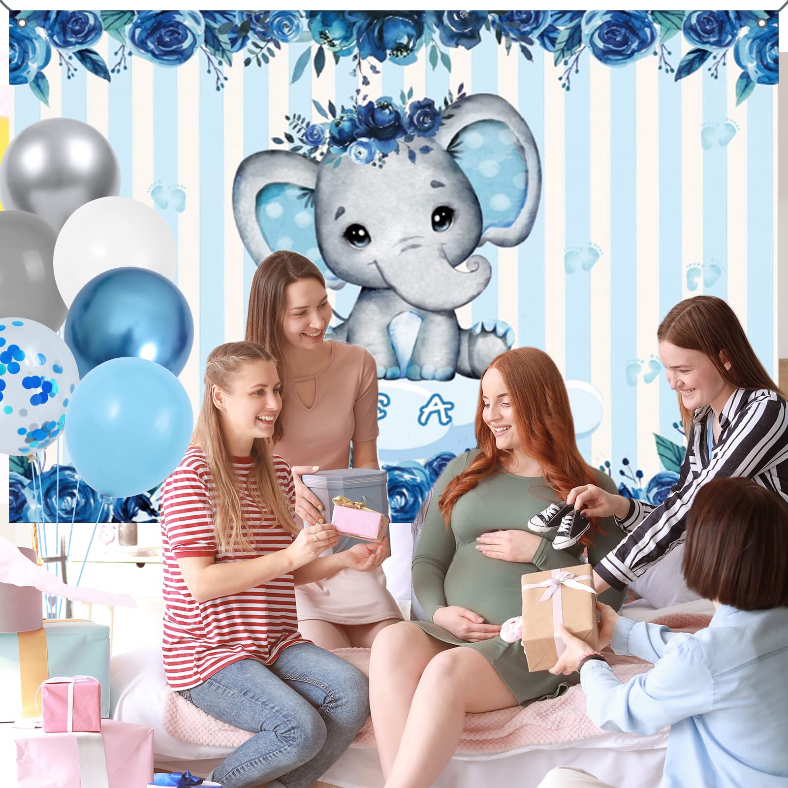 Winrayk Elephant Baby Shower Decorations Boy, Blue Elephant Balloon Garland Arch Kit It's a Boy Backdrop Tablecloth Foil Balloon, Elephant Theme Birthday Party Supplies Baby Boy Shower Decorations