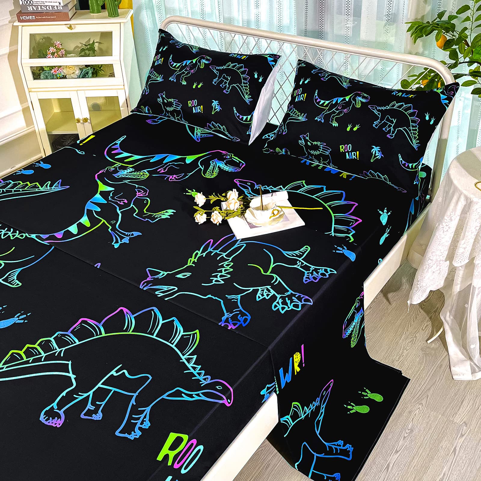 BailiPromise Dinosaur Sheets Twin Size for Boys Jurassic Dinosaur Bedding Sheet Set Dino Kids Bed Sheets Set with Pillowcases Fitted Sheet Flat Sheet Deep Pocket 100% Microfiber