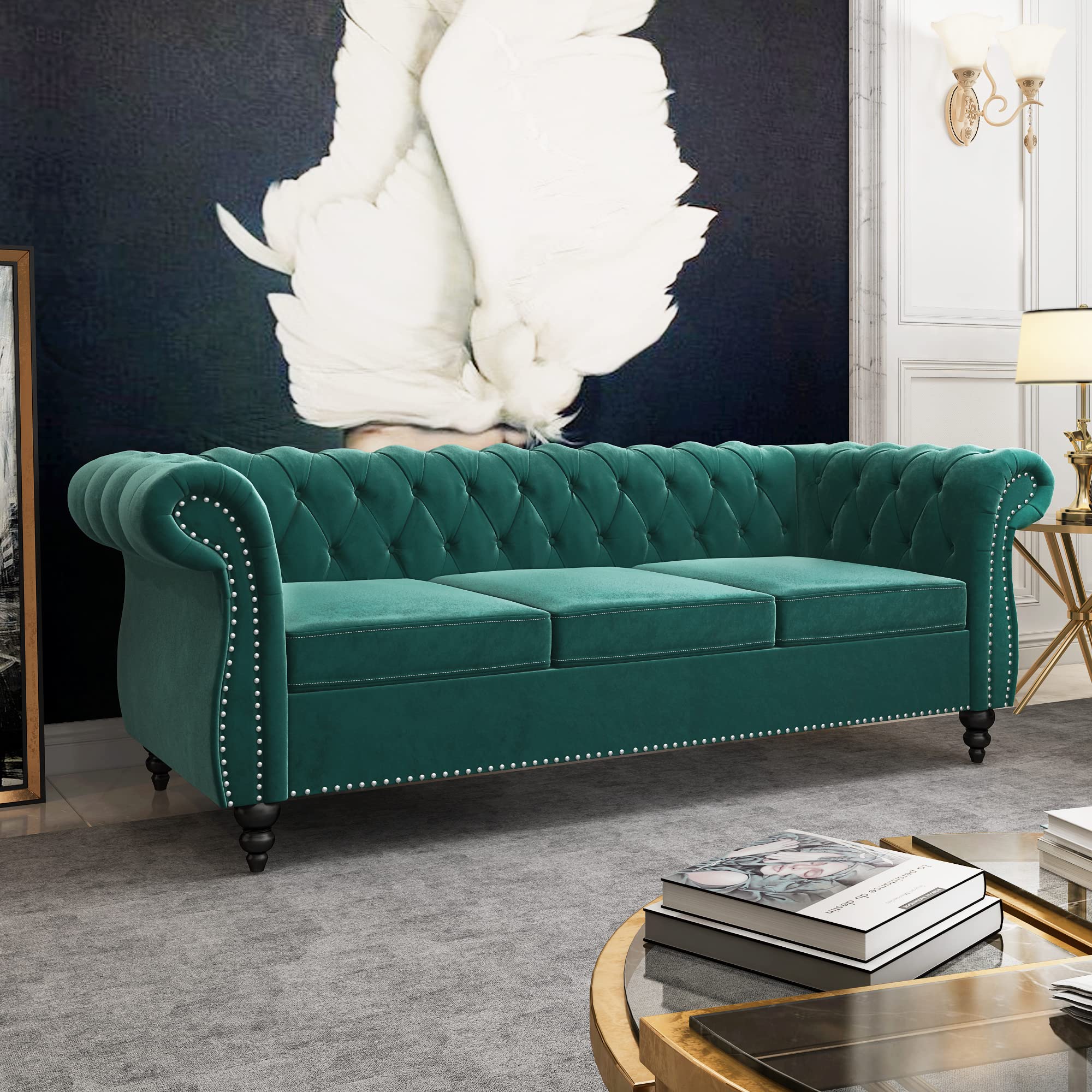 PHOYAL Large Sofa, Velvet Sofa Three-seat Sofa Classic Tufted Chesterfield Settee Sofa Modern 3 Seater Couch Furniture Tufted Back for Living Room (Green)