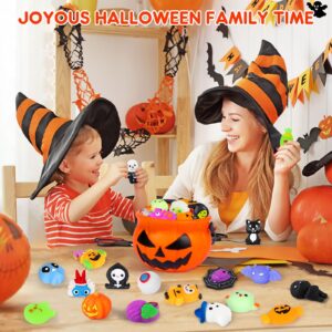 50PCS Halloween Mochi Squishy Toys with Halloween Pumpkin Bucket Halloween Party Favors Trick or Treat Goodie Bag Filler Halloween Decorations Kawaii Squishy Halloween Toys Gifts for Boy Girl Random