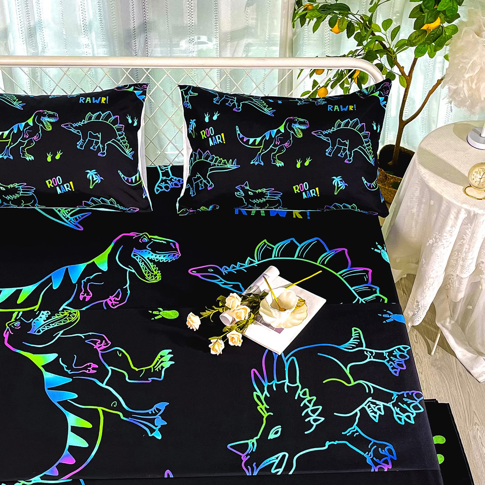 BailiPromise Dinosaur Sheets Twin Size for Boys Jurassic Dinosaur Bedding Sheet Set Dino Kids Bed Sheets Set with Pillowcases Fitted Sheet Flat Sheet Deep Pocket 100% Microfiber