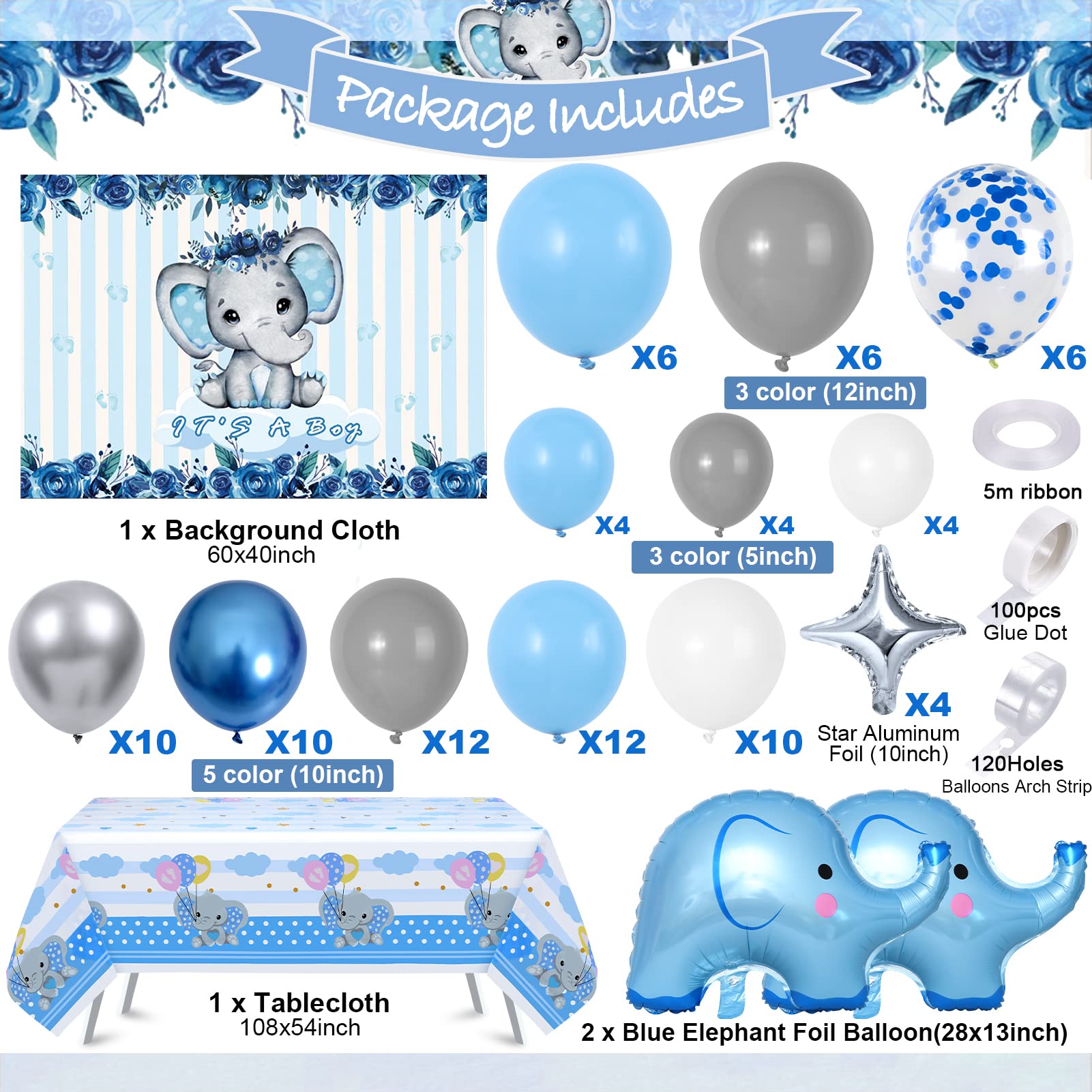 Winrayk Elephant Baby Shower Decorations Boy, Blue Elephant Balloon Garland Arch Kit It's a Boy Backdrop Tablecloth Foil Balloon, Elephant Theme Birthday Party Supplies Baby Boy Shower Decorations