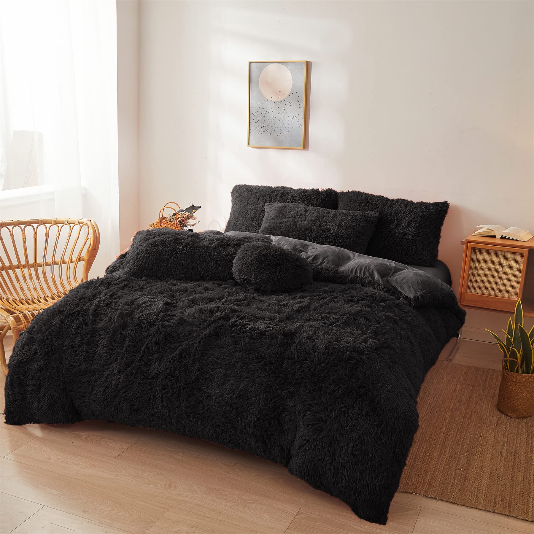 Ultra Soft Black Faux Fur 3 Piece Queen Comforter Set - Plush Fluffy Bedding With Duvet Cover and 2 Pillowcases