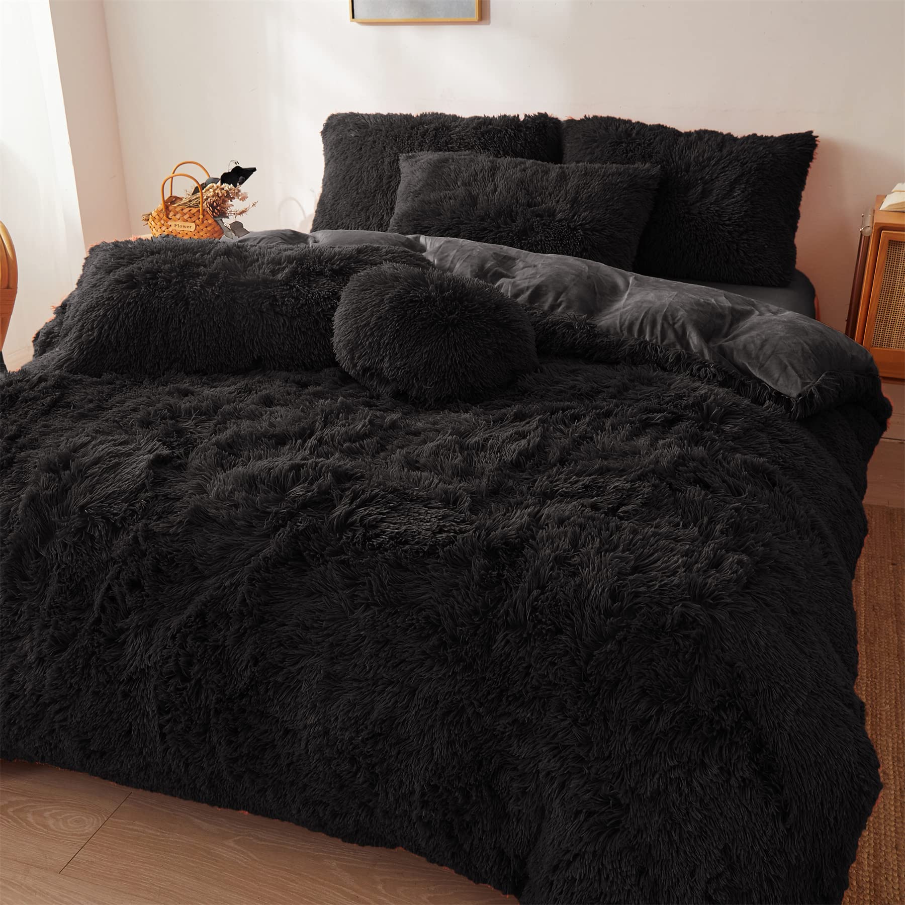 Ultra Soft Black Faux Fur 3 Piece Queen Comforter Set - Plush Fluffy Bedding With Duvet Cover and 2 Pillowcases