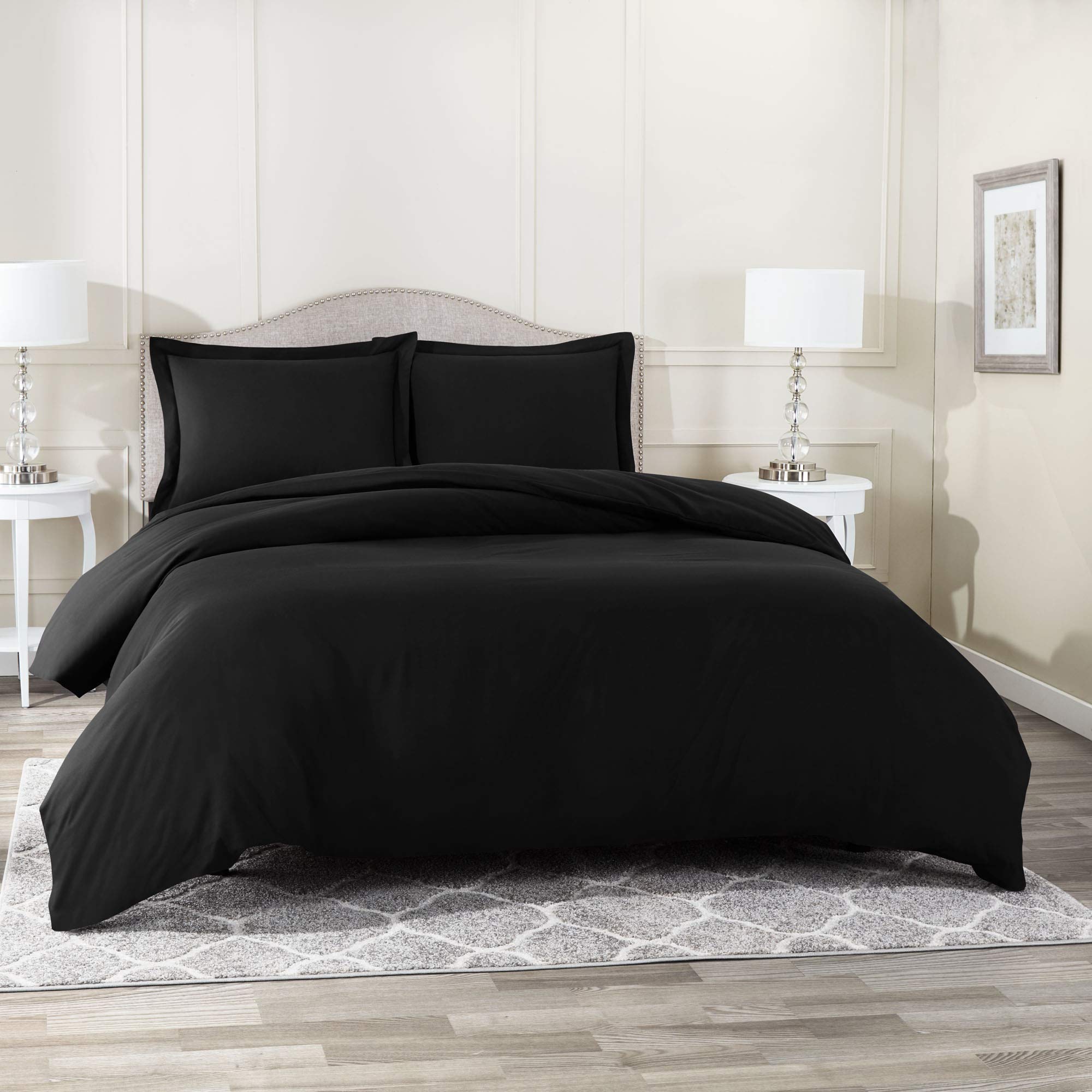 YASH BEDDING 600 Thread Count Black King Size Duvet Cover Set, 3 Piece Double Brushed Cotton Duvet Cover with Button Closure, 1 King Duvet Cover (92 x 106) inches and 2 Pillow Shams