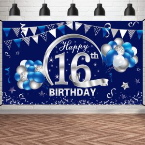 kauayurk blue silver 16th birthday banner decorations for boy - happy 16 birthday backdrop party supplies - sixteen birthday poster photo props brackground sign decor